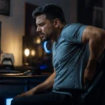 back pain — Hispanic man holding lower back while sitting at gaming desk at night