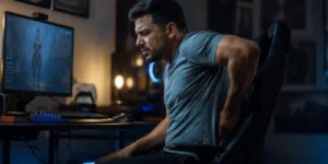 back pain — Hispanic man holding lower back while sitting at gaming desk at night