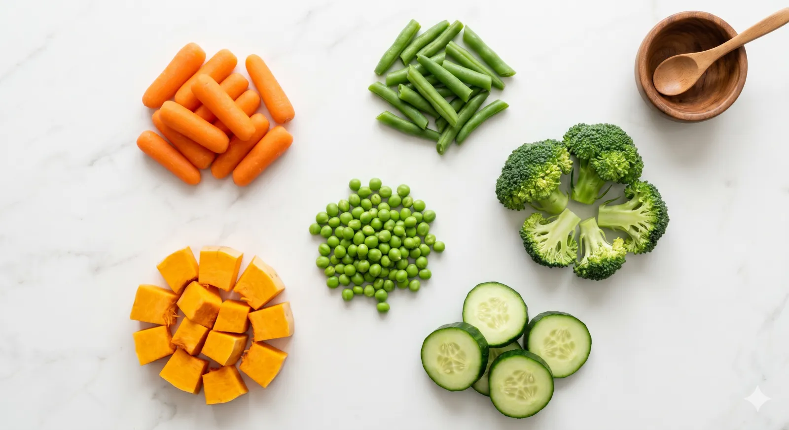 carrots, peas, and green beans arranged on a counter