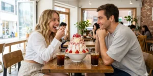 bingsu korean shaved ice couple enjoying seoul cafe summer