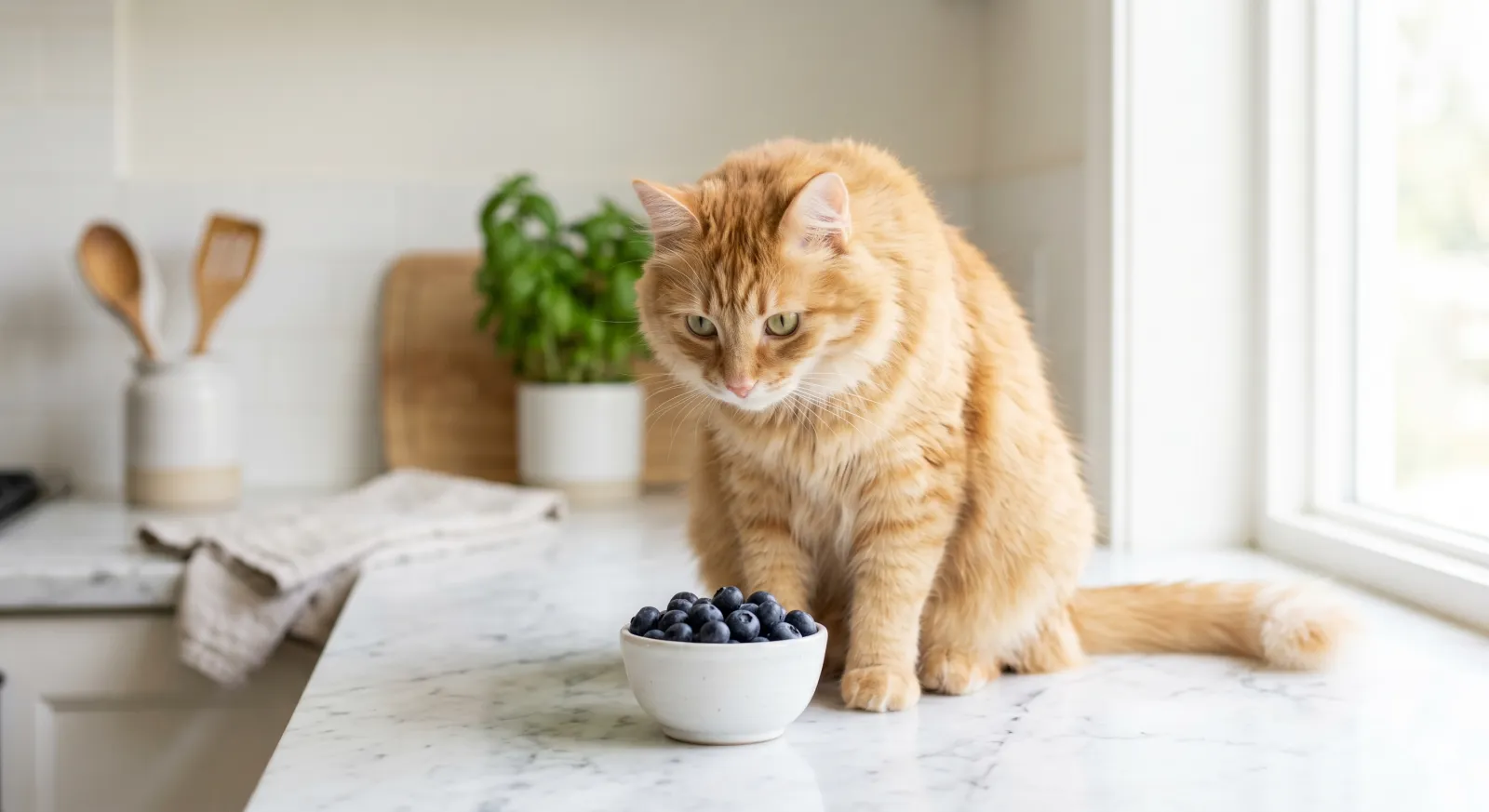 can cats eat blueberries — cat sniffing a bowl of fresh blueberries