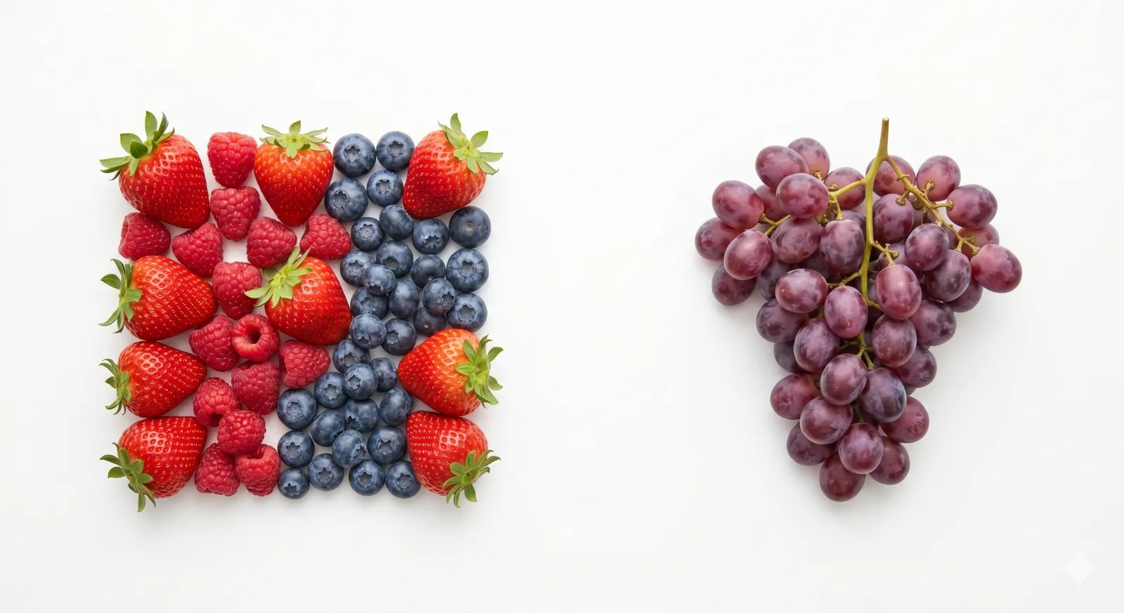 a small plate of blueberries and raspberries next to a cat's food bowl