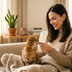 young woman feeding a small piece of blueberry to her cat at home