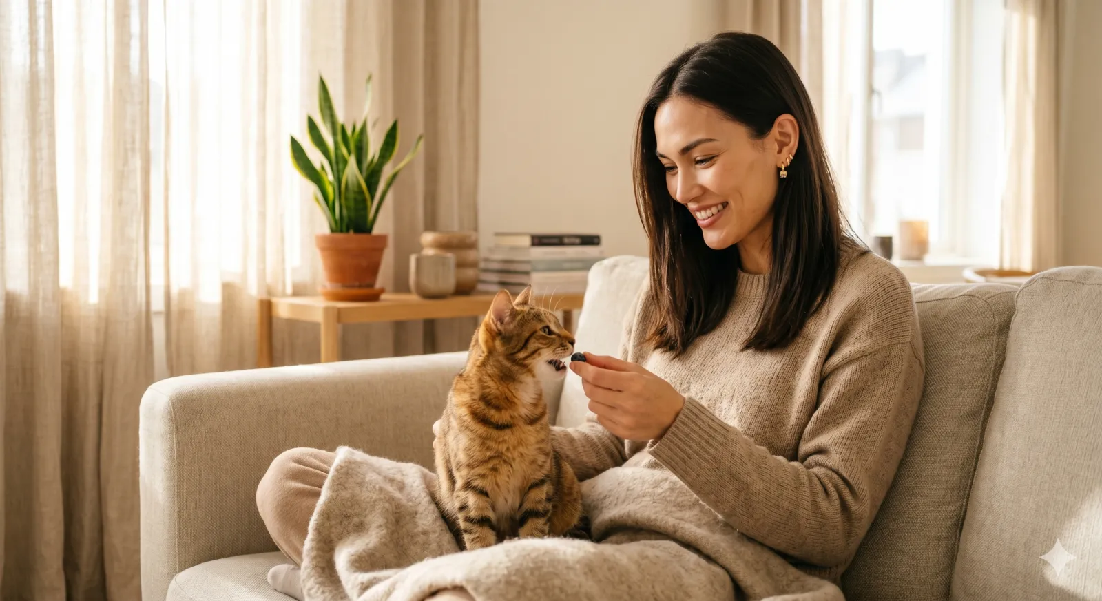 woman feeding a small piece of blueberry to her cat at home