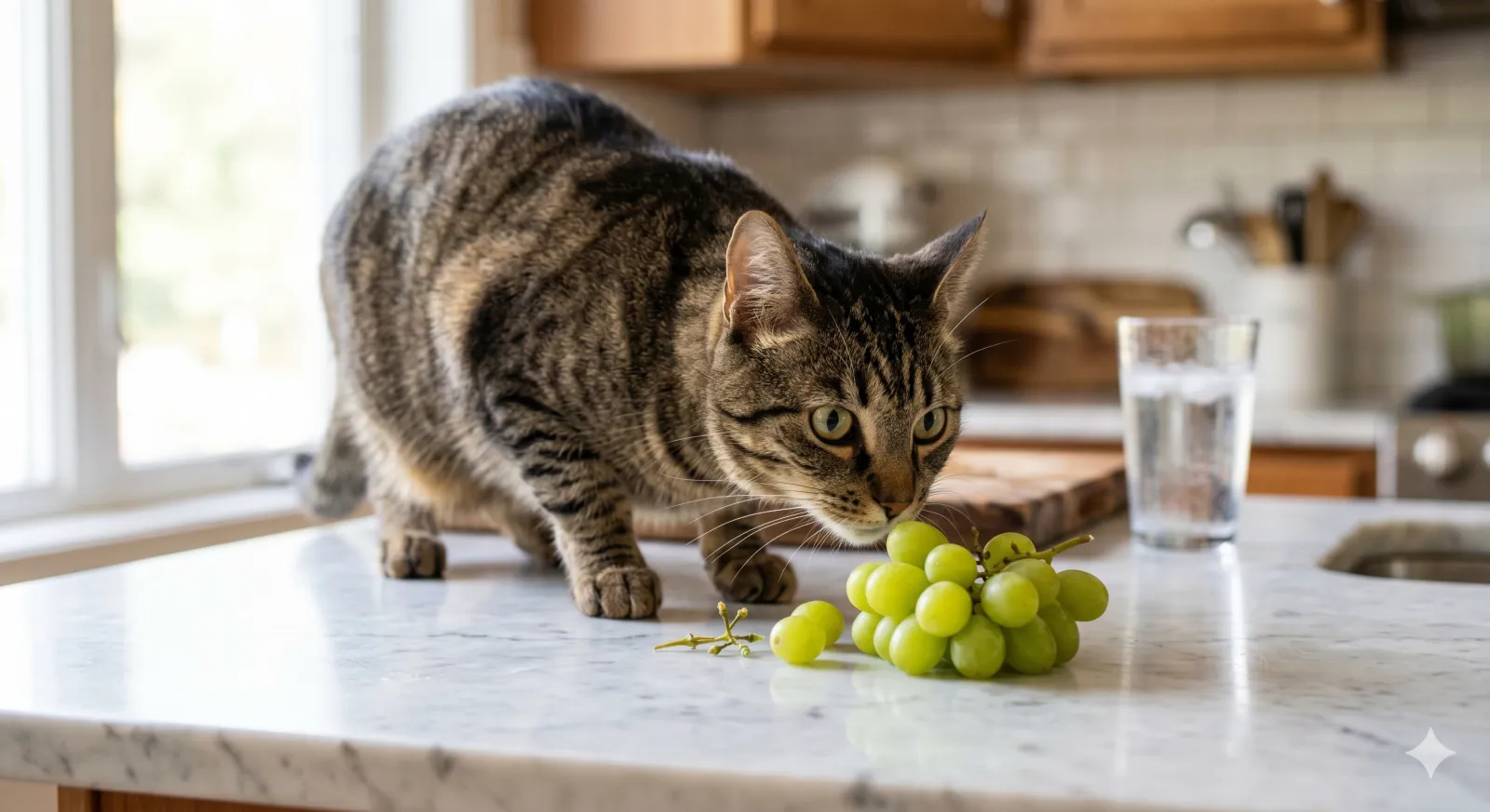 cat curiously sniffing a bunch of grapes on a kitchen table