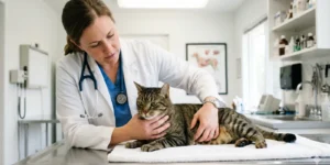 can cats eat grapes — concerned vet examining a cat after grape ingestion
