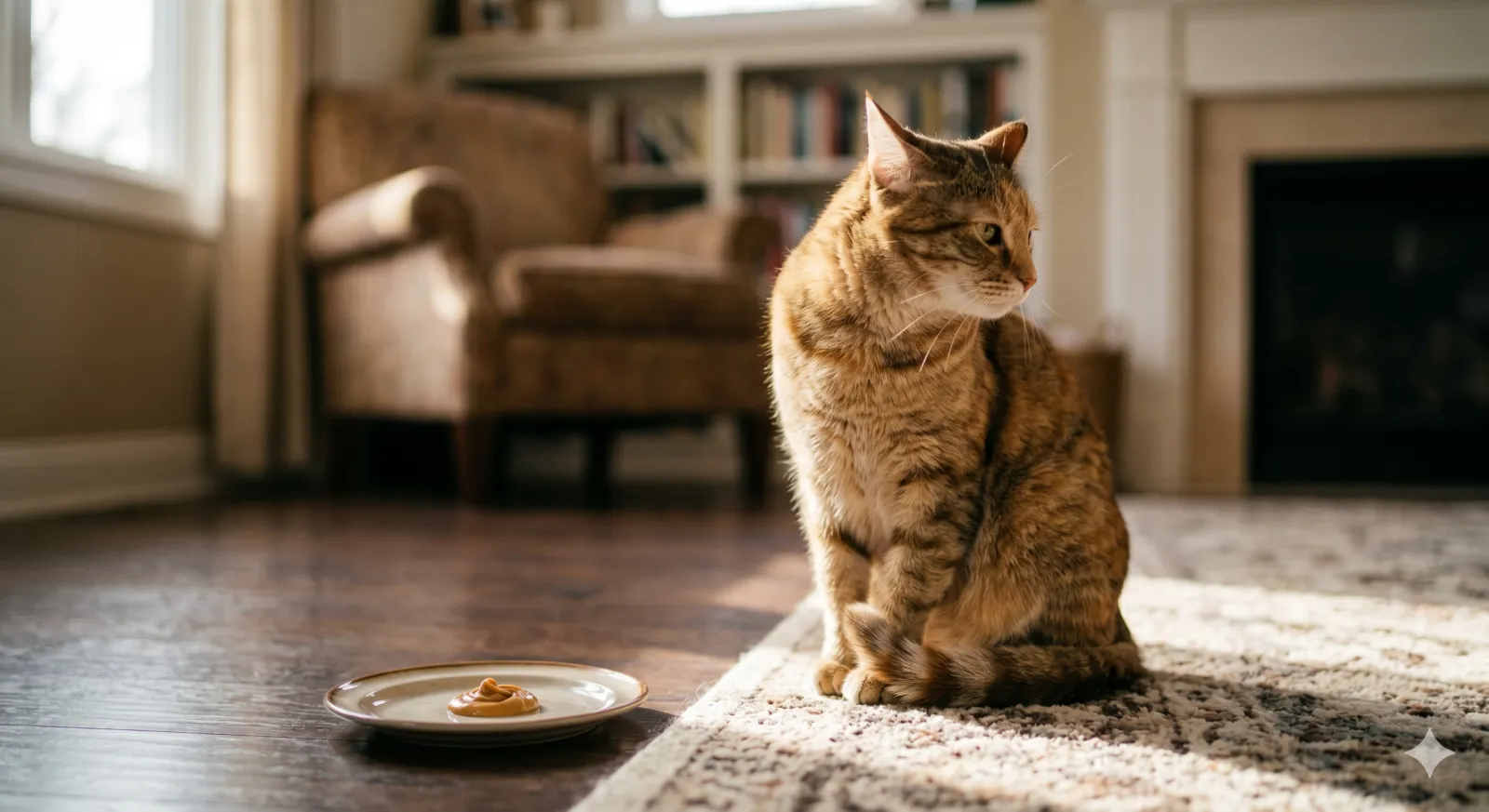 cat turning away from a spoon of peanut butter