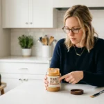 can cats eat peanut butter — woman checking peanut butter label for xylitol