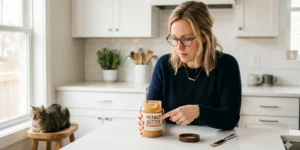 can cats eat peanut butter — woman checking peanut butter label for xylitol
