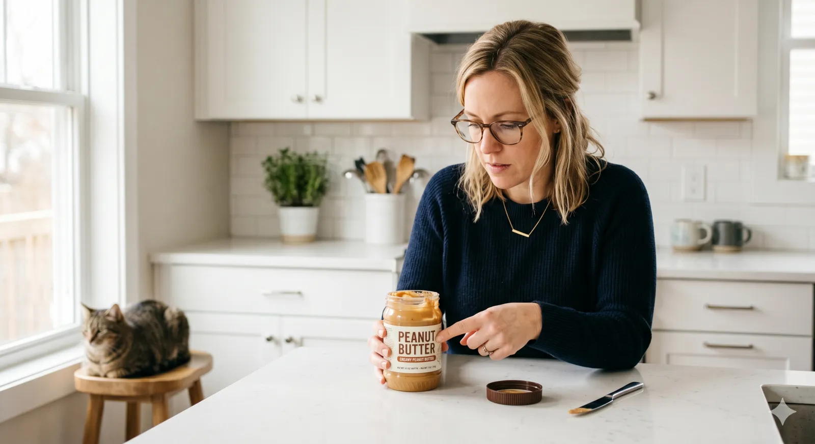 can cats eat peanut butter — woman checking a peanut butter label