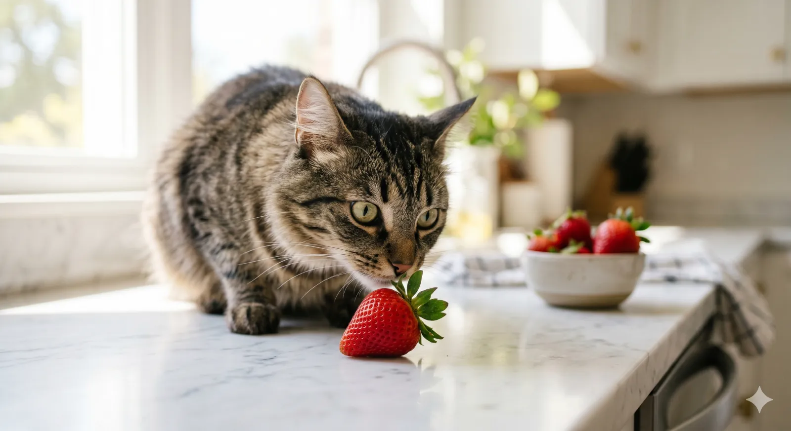 Can Cats Eat Strawberries? A Complete Safety Guide 1 can cats eat strawberries — cat sniffing a fresh strawberry