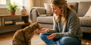 cat owner giving strawberry treat to cat safe portion