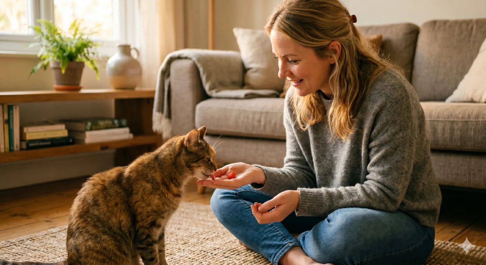 Can Cats Eat Strawberries? A Complete Safety Guide 3 owner handing a small strawberry piece to a cat as a treat