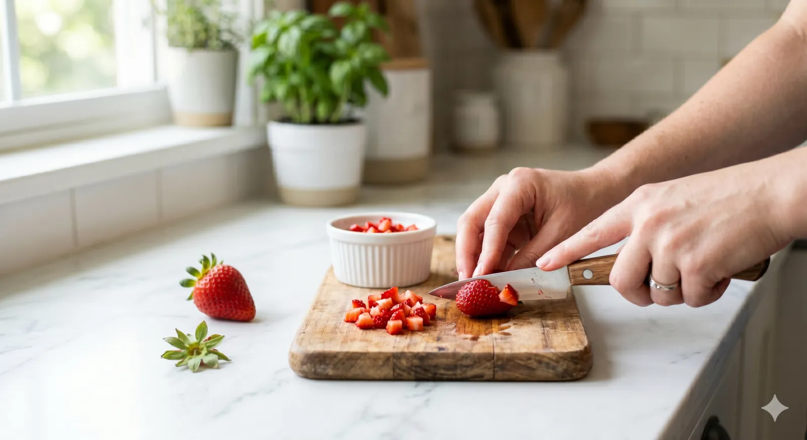 Can Cats Eat Strawberries? A Complete Safety Guide 2 strawberry with leaves and stem removed, cut into small pieces on a cutting board