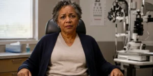 cataract surgery — patient looking anxious before eye exam
