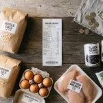 cheap meal prep — budget grocery ingredients laid out with receipt and coins on a wooden table