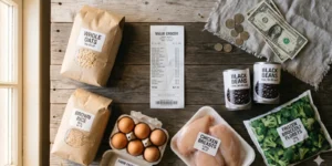 cheap meal prep — budget grocery ingredients laid out with receipt and coins on a wooden table