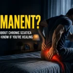 chronic sciatica — man gripping lower back in pain, text overlay reads "Permanent? The truth about chronic sciatica and how to know if you're healing"