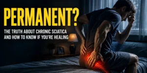 chronic sciatica — man gripping lower back in pain, text overlay reads "Permanent? The truth about chronic sciatica and how to know if you're healing"