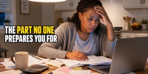 dementia care — overwhelmed caregiver reviewing paperwork late at night