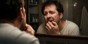 A middle-aged man looking at his teeth in a bathroom mirror, feeling embarrassed and worried about returning to the dentist