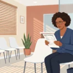 dental implant cost — woman sitting in clinic waiting room reviewing dental quote with concern