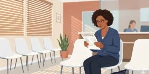 dental implant cost — woman sitting in clinic waiting room reviewing dental quote with concern