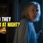 dementia wandering — elderly woman standing at an open front door at night