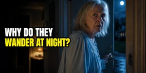 dementia wandering — elderly woman standing at an open front door at night