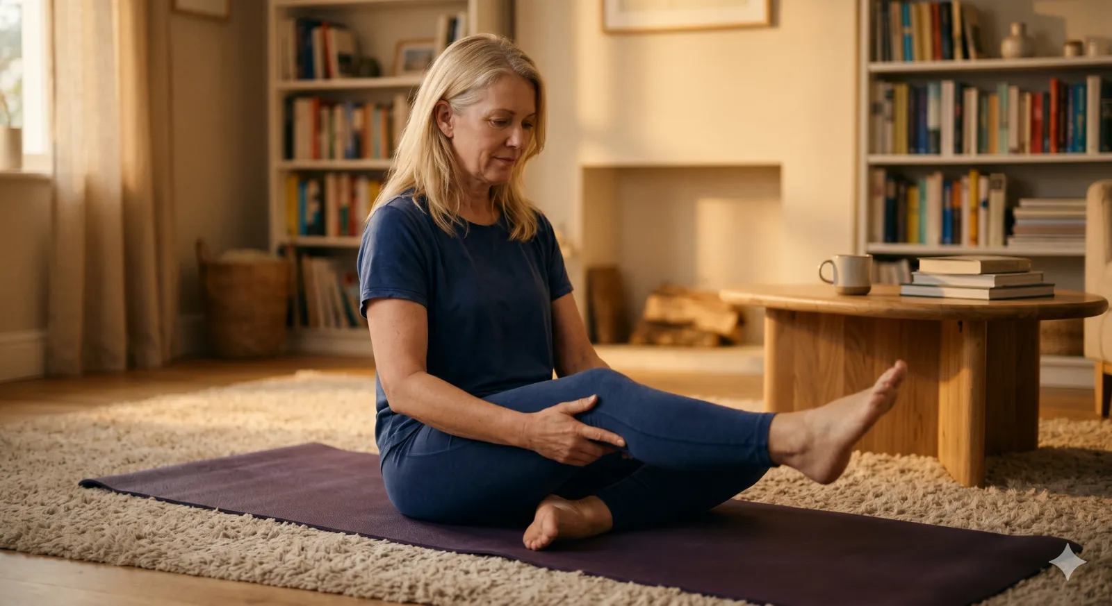 person doing a gentle seated knee mobility exercise at home