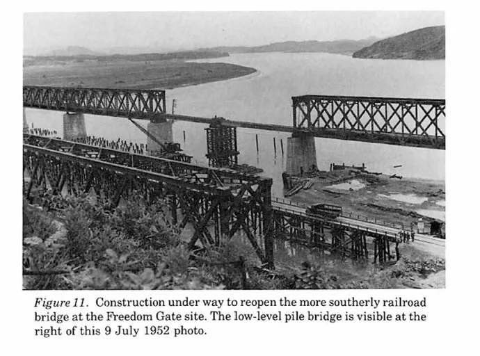 Historic 1952 photo of railway bridge construction at Freedom Gate on the Imjin River