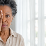 glaucoma — woman testing her own vision by covering one eye