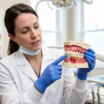 gum disease treatment — dentist showing healthy vs inflamed gum tissue on dental model