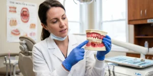 gum disease treatment — dentist showing healthy vs inflamed gum tissue on dental model