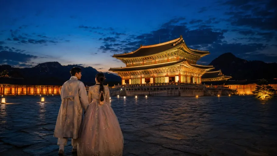 Couple wearing hanbok at Gyeongbokgung Palace during a night opening in Seoul