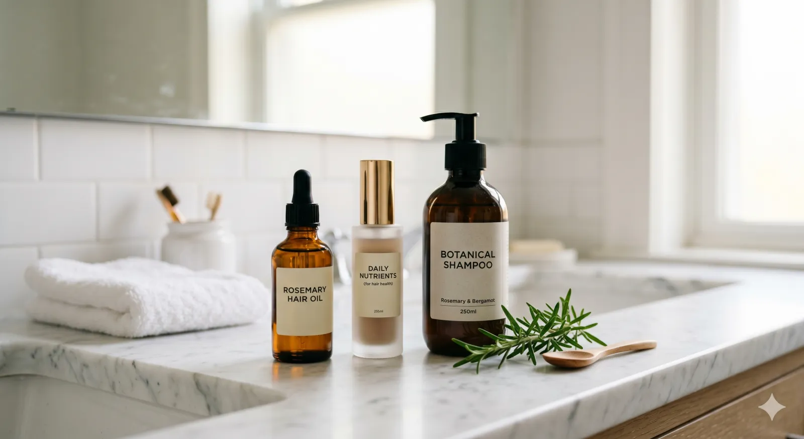 Hair Thinning Women Over 40: 5 Proven Ways to Stop It for Good 2 rosemary oil and supplements laid out for a daily hair care routine