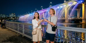 couple han river seoul at night banpo bridge light show