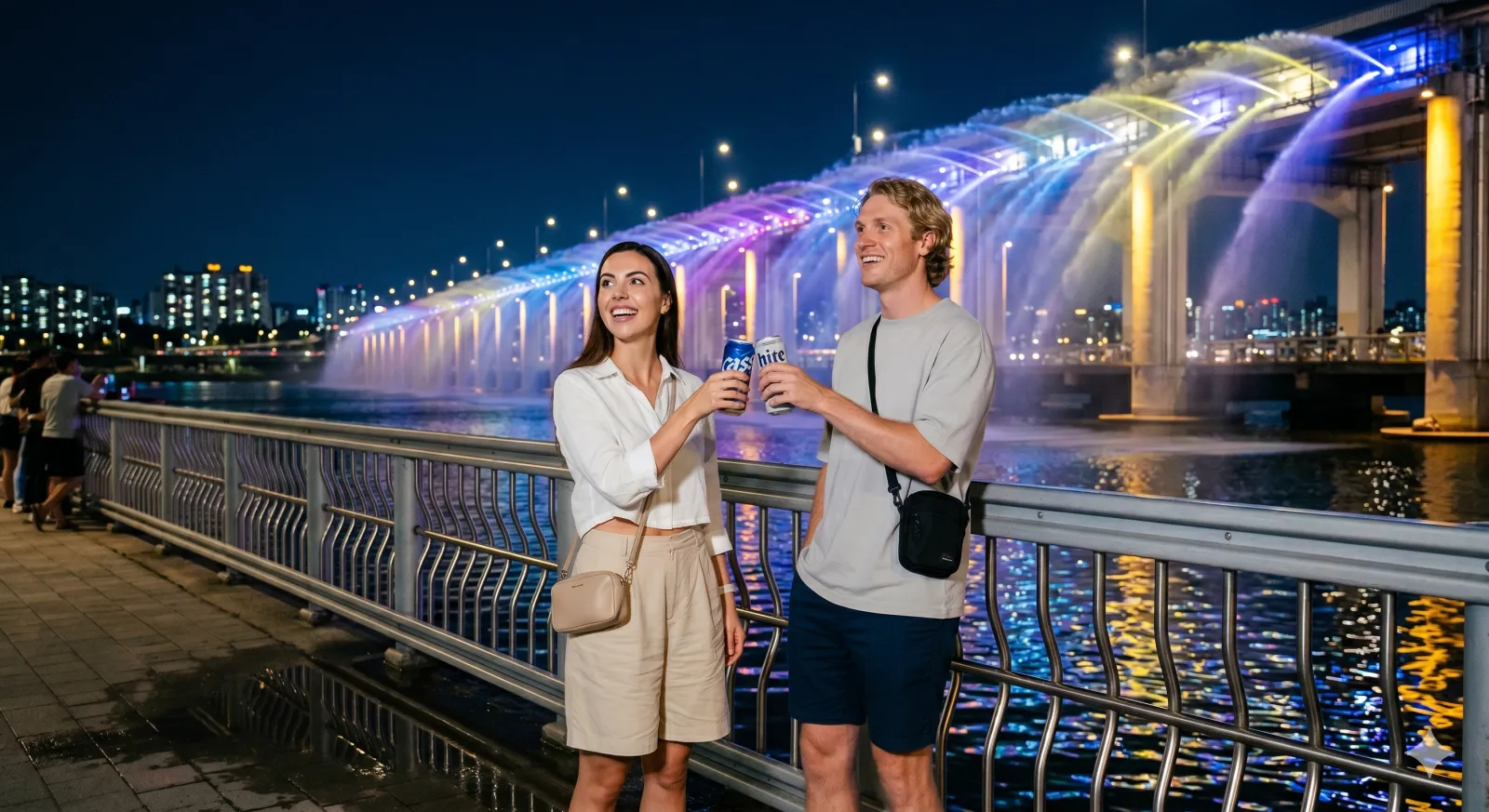 couple han river seoul at night banpo bridge light show