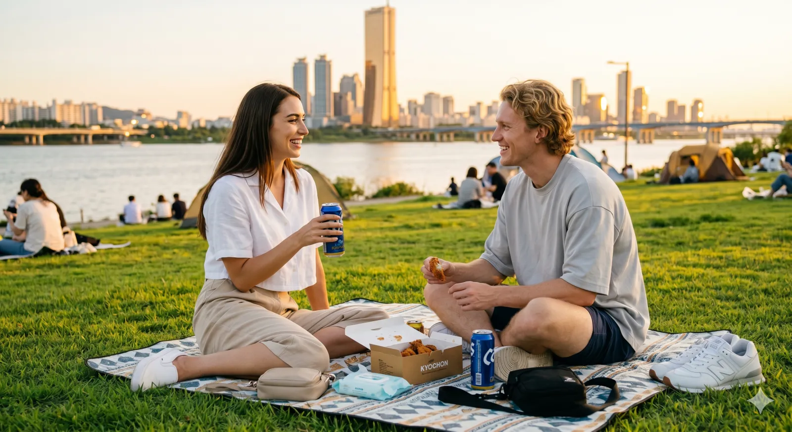 couple picnic han river seoul yeouido park golden hour