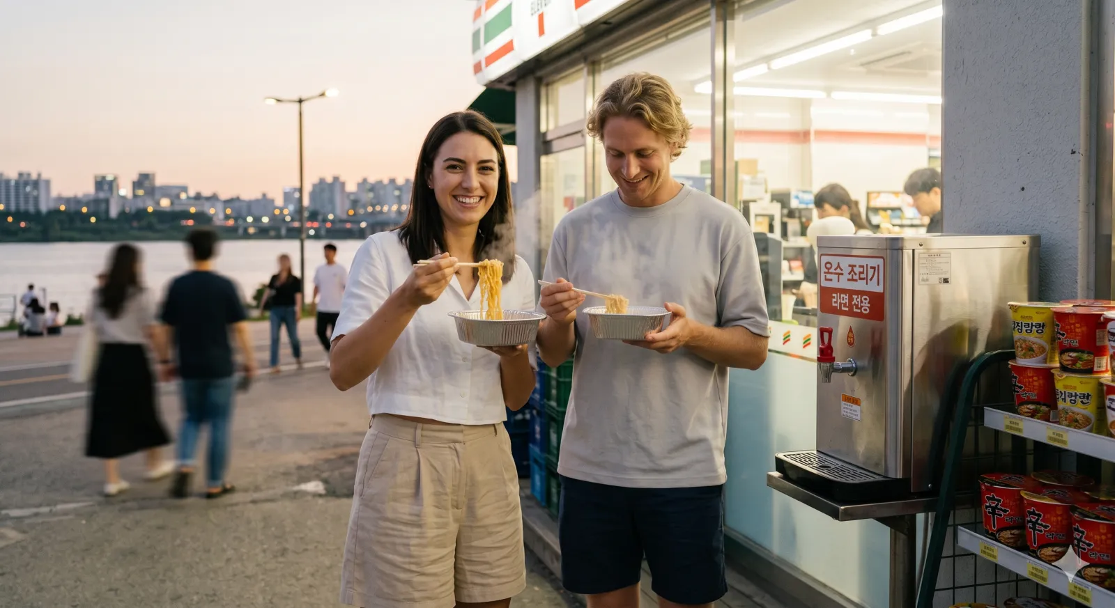 han river seoul ramen convenience store machine couple