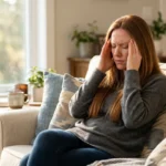 high cortisol symptoms — woman sitting on sofa feeling exhausted and stressed