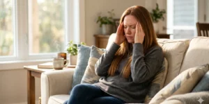high cortisol symptoms — woman sitting on sofa feeling exhausted and stressed