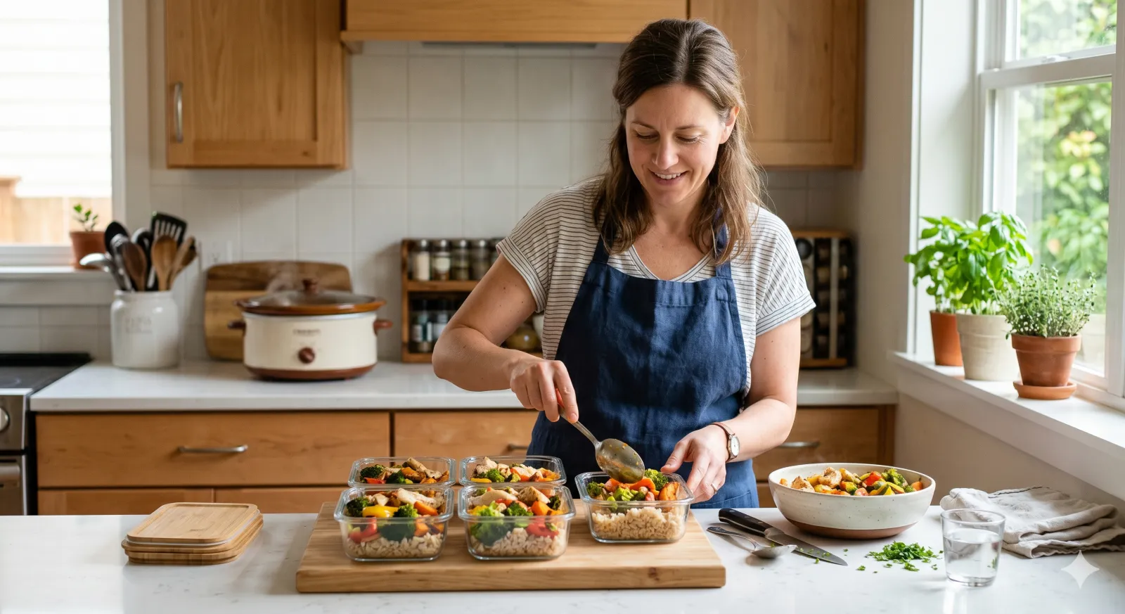 woman portioning high protein meal prep containers