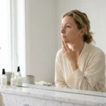 hormonal acne chin — woman examining jawline in bathroom mirror