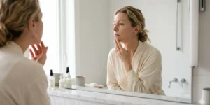 hormonal acne chin — woman examining jawline in bathroom mirror