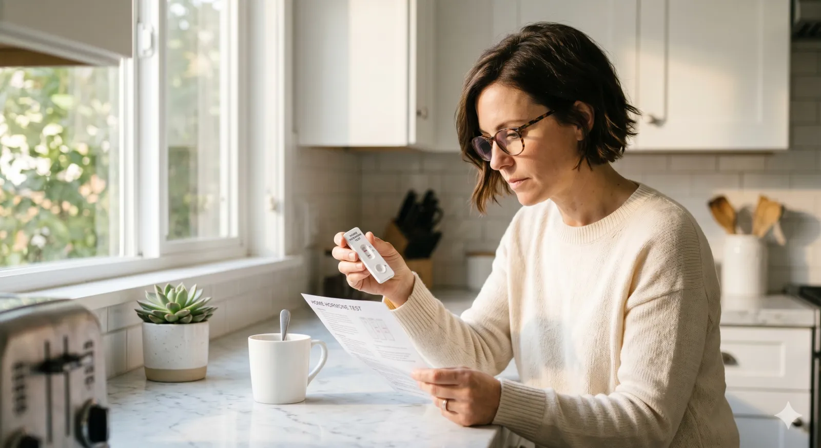 hormone test for women — woman reviewing at-home test kit results on white desk
