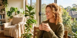 hormone test for women — woman in her 40s drinking tea looking vibrant and healthy