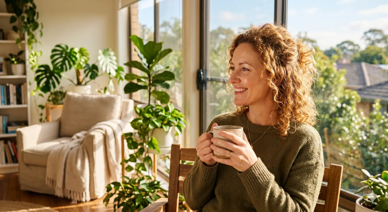 woman in her 40s drinking tea looking vibrant and healthy