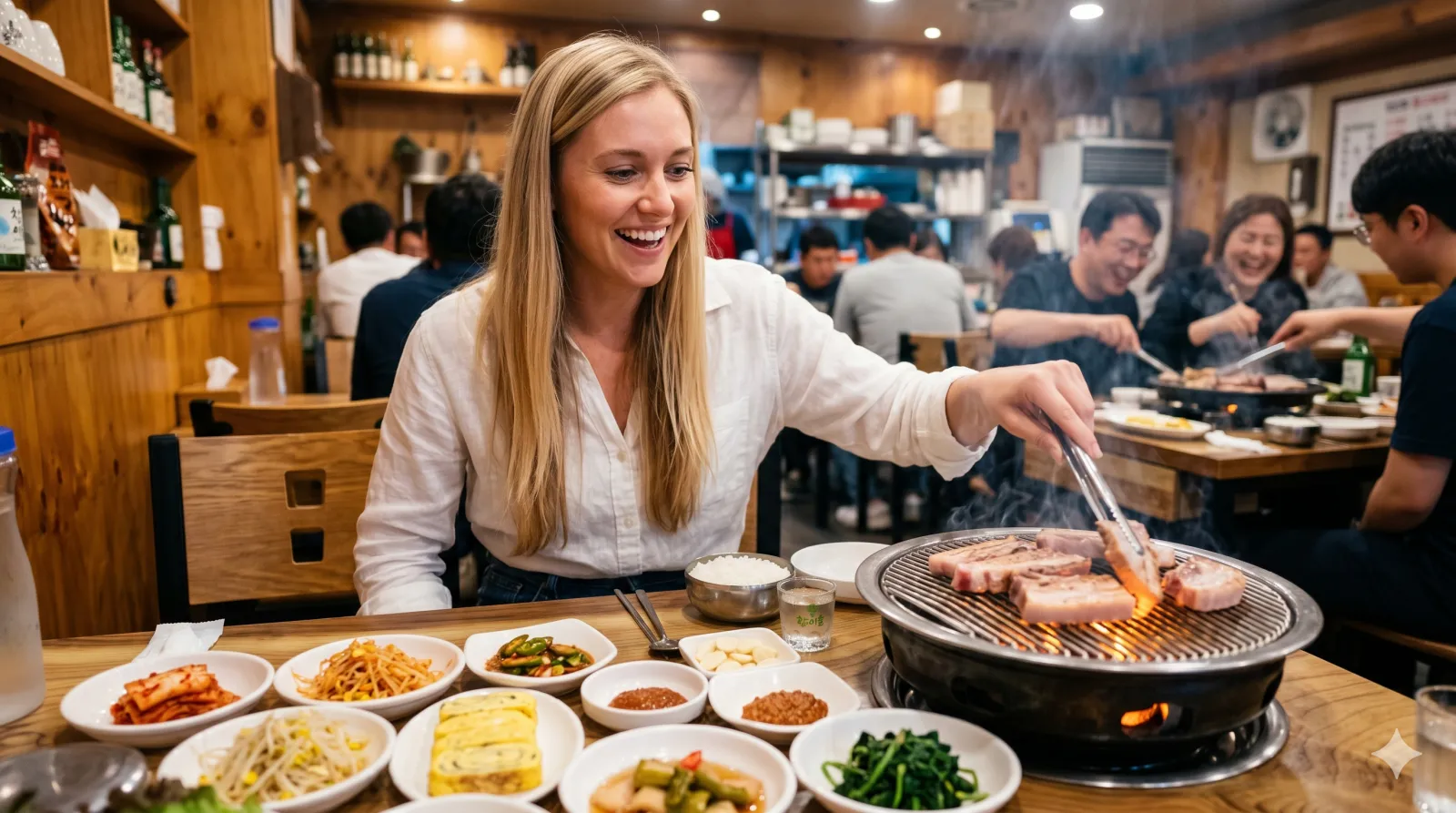how to eat korean bbq — table full of banchan and grilling pork belly at Seoul restaurant