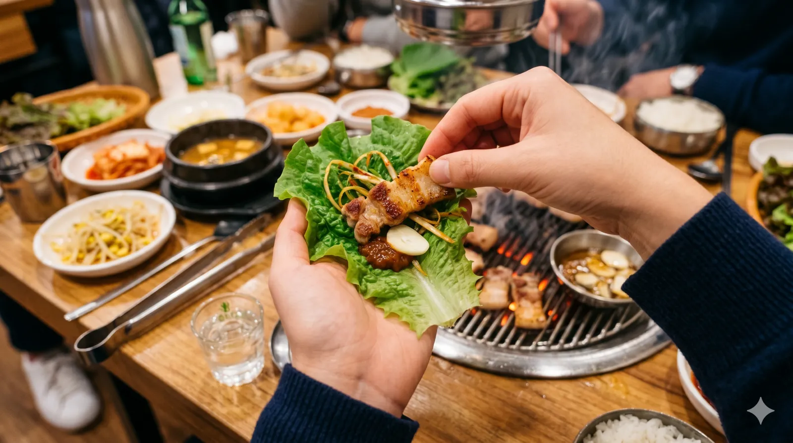 how to eat korean bbq ssam — lettuce wrap step by step with pork belly and ssamjang